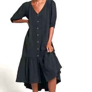 Anthropologie Maeve Scarletta Black Crinkle Gauze Button Midi Dress Boho XS
